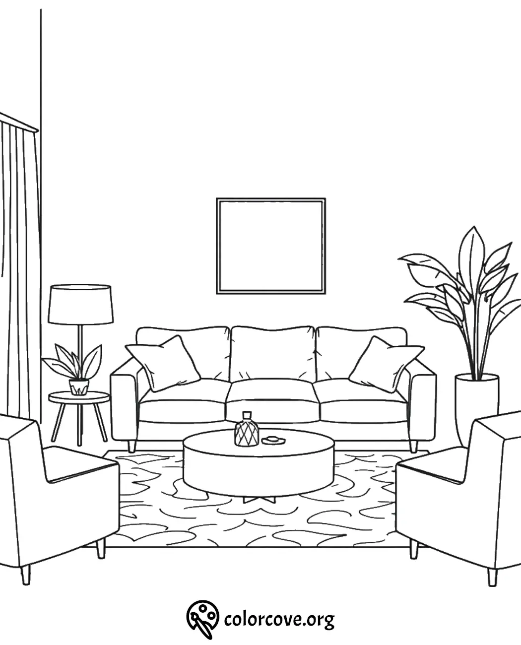 Living room coloring page with a sofa, chairs, coffee table, and plants. Cozy decor scene for coloring fun.