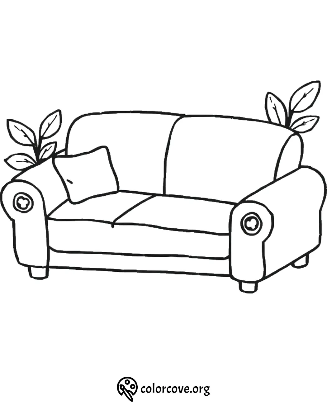 Sofa coloring page with plants and pillows for creative kids and adults to color. Perfect for relaxing activities.