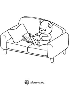 Teddy bear reading a book on a cozy sofa coloring page for kids.