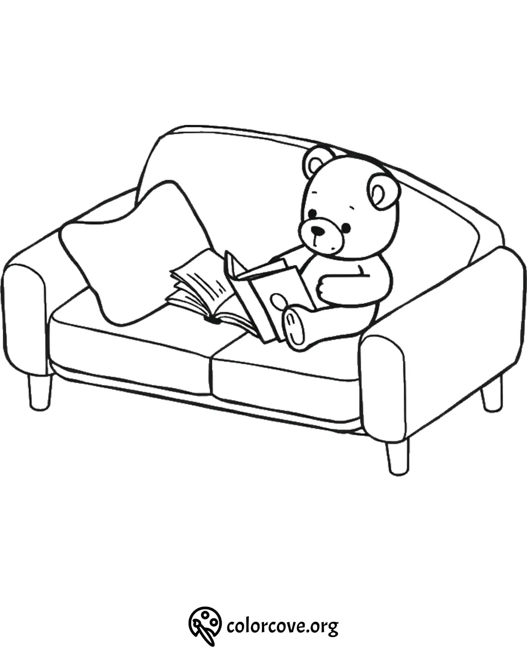 Teddy bear reading a book on a cozy sofa coloring page for kids.