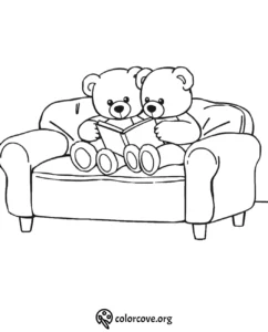 Two teddy bears reading on a sofa coloring page. Perfect for kids' creativity and fun activities.