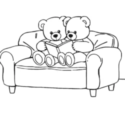 Two teddy bears reading on a sofa coloring page. Perfect for kids' creativity and fun activities.