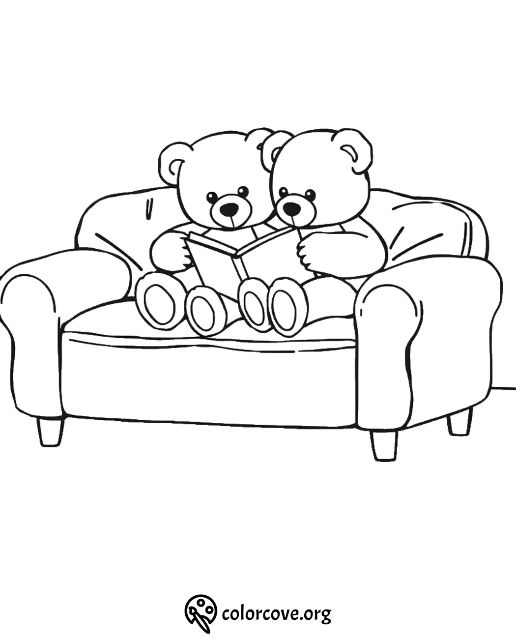 Two teddy bears reading on a sofa coloring page. Perfect for kids' creativity and fun activities.