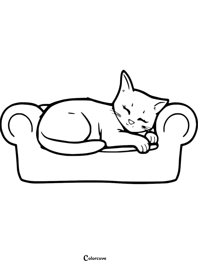 A cute cat with closed eyes curled up and sleeping on a small, rounded armchair in this printable coloring page.