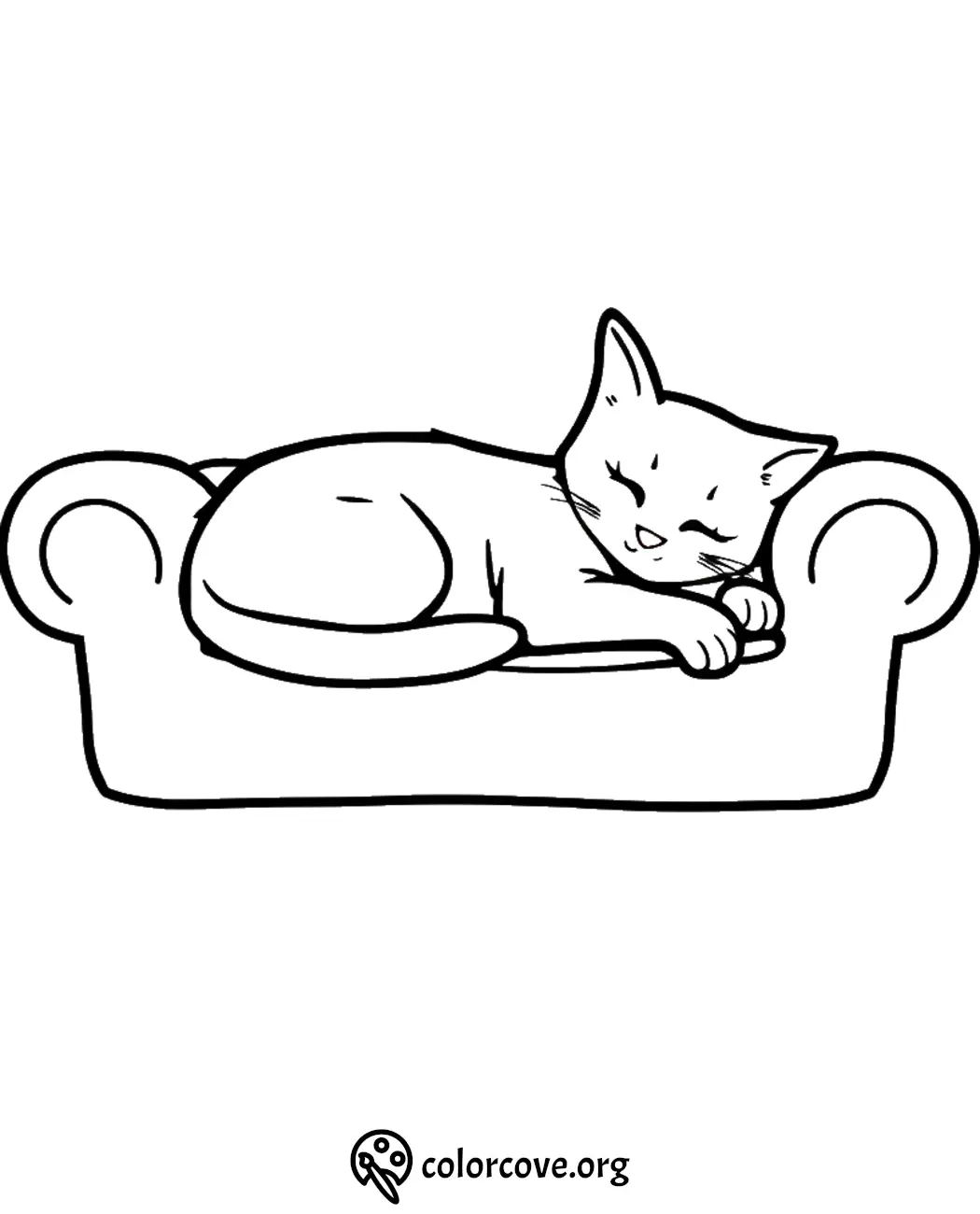 Coloring page of a cute cat sleeping on a sofa. Perfect for kids and cat lovers.