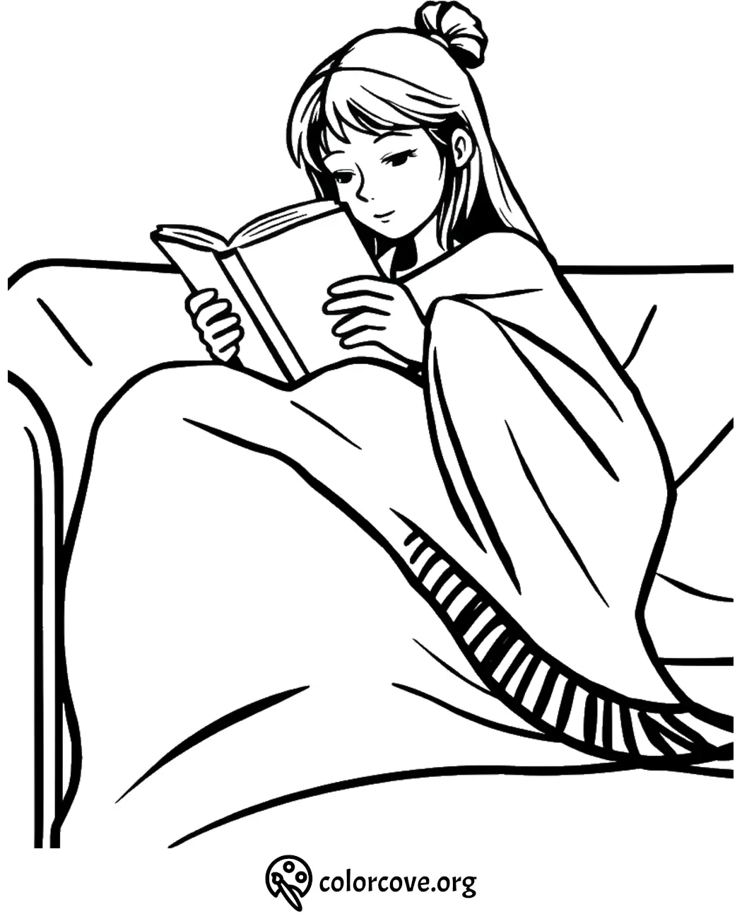 Girl reading a book on a couch with blanket, coloring page for relaxation and creativity.