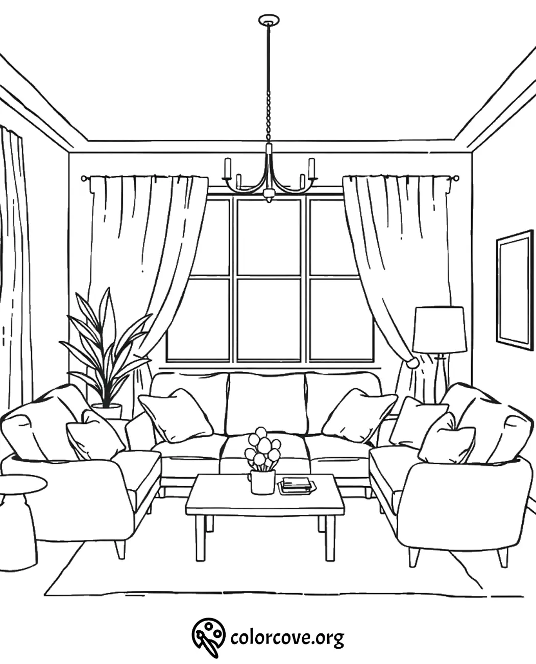 Cozy living room coloring page with sofas, coffee table, and large window. Perfect for relaxation and creativity.