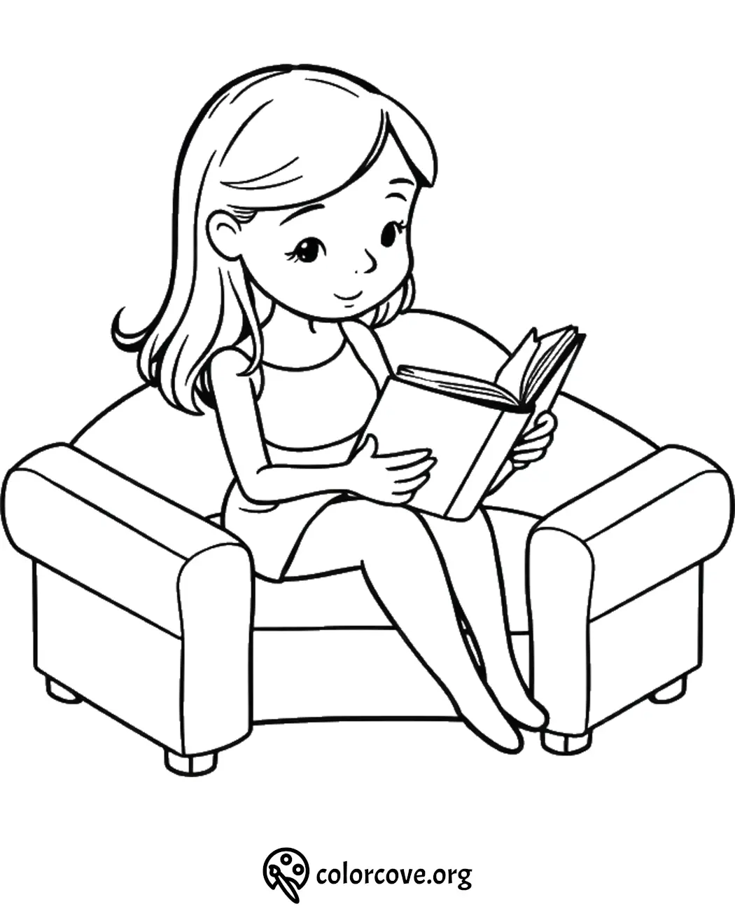 Girl sitting and reading a book on a sofa coloring page for kids at colorcove.org.