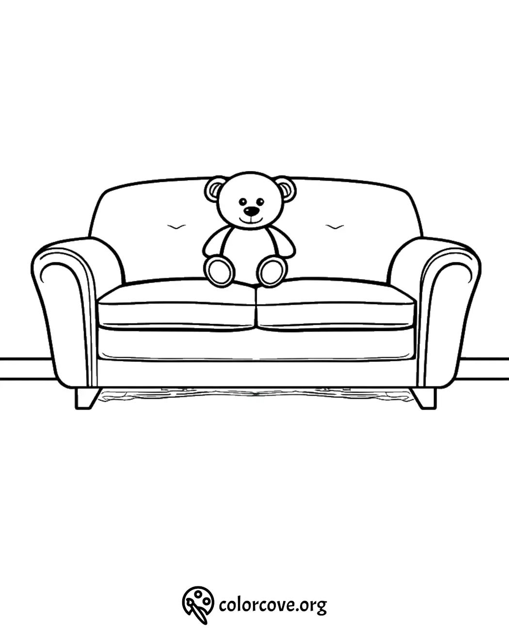 Teddy bear on couch coloring page, perfect for kids' creativity and fun home activities.