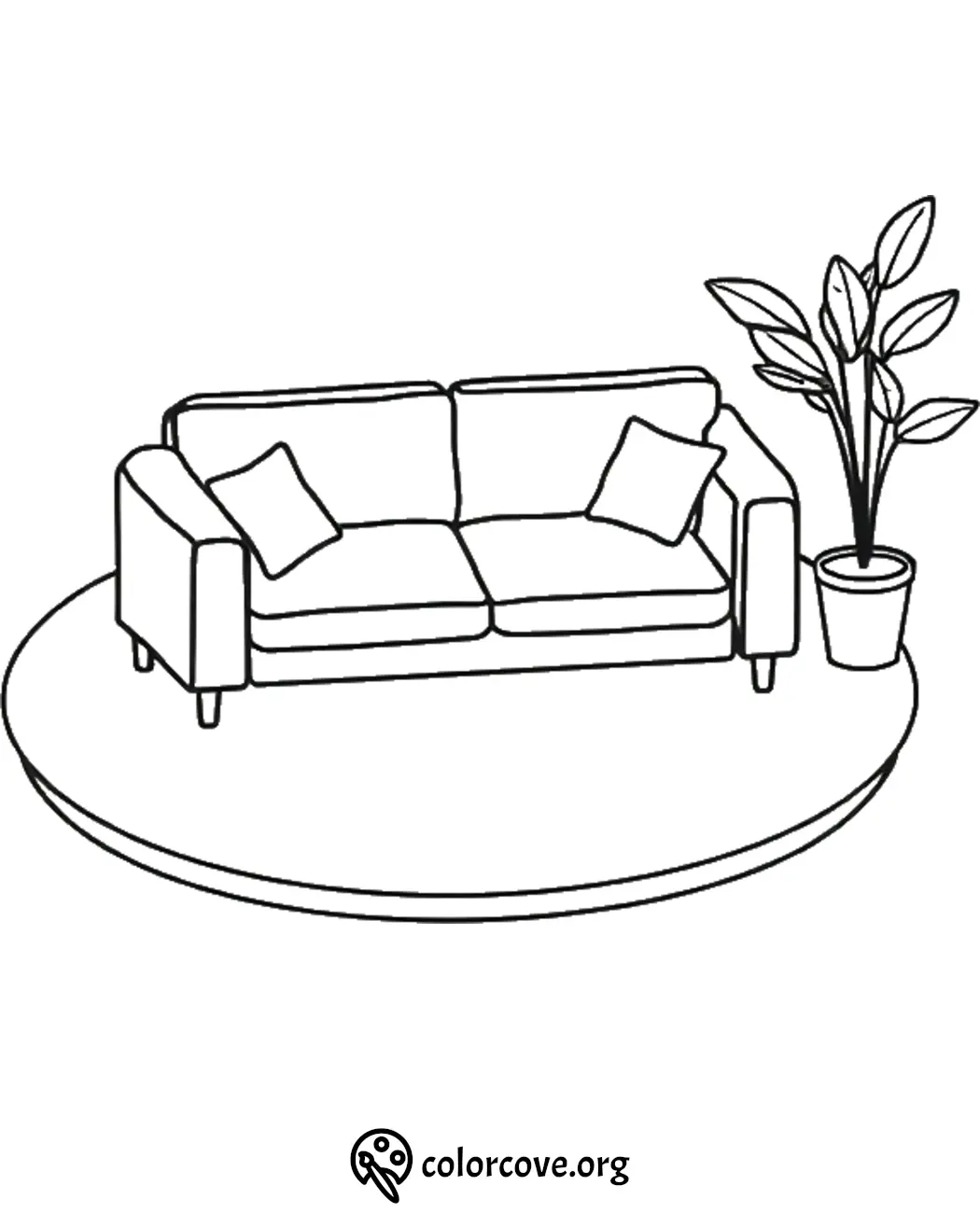 Sofa and plant coloring page: cozy furniture scene on round rug for creative coloring fun.