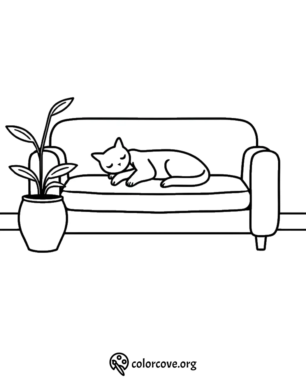 Cat sleeping on a sofa next to a potted plant coloring page. Relaxing scene for coloring enthusiasts.