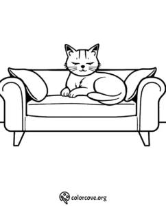 Cat on a sofa coloring page for kids, featuring a relaxed feline on a comfy couch. Perfect for printable activities.