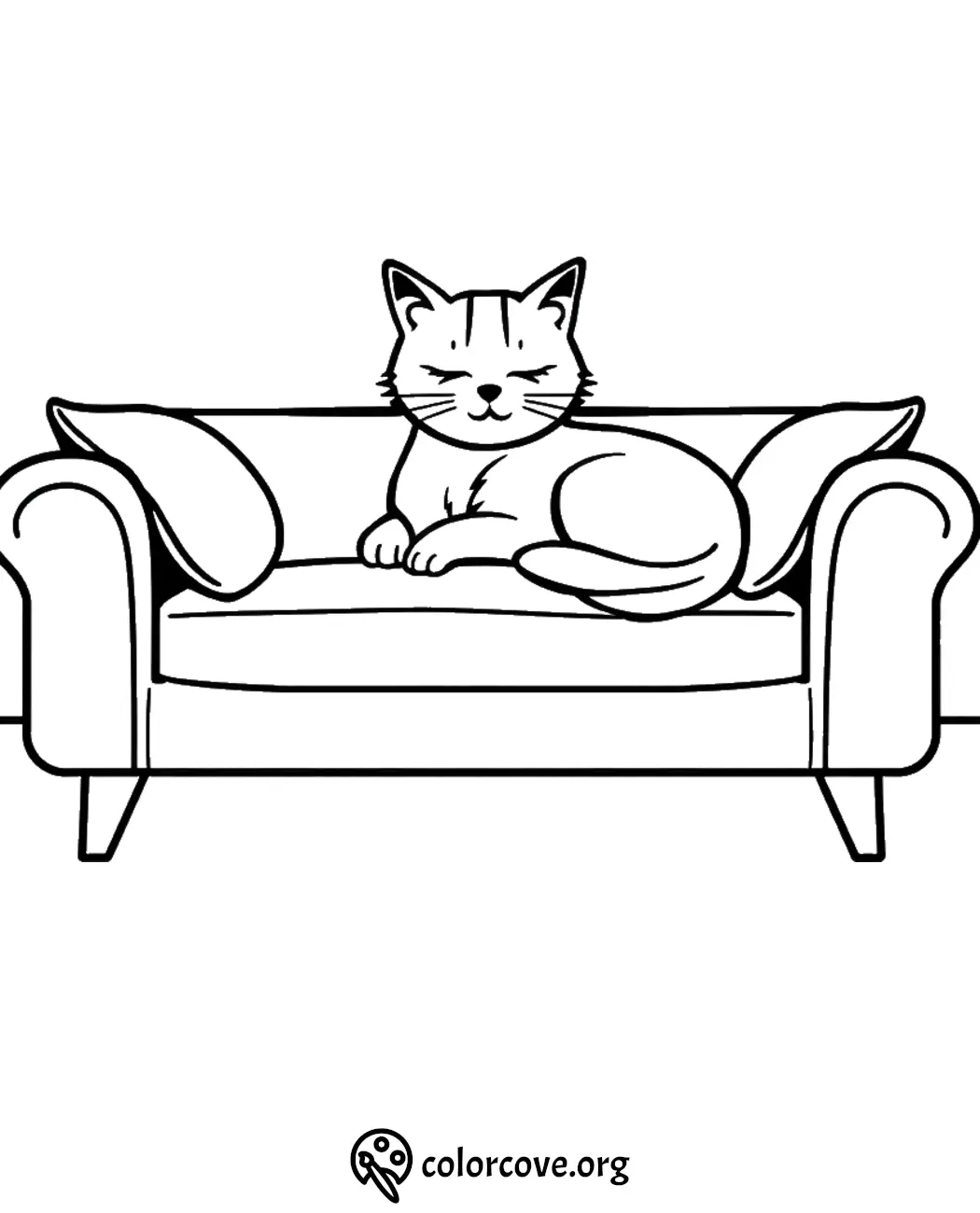 Cat on a sofa coloring page for kids, featuring a relaxed feline on a comfy couch. Perfect for printable activities.