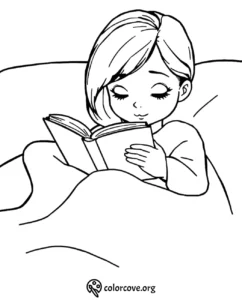 Child reading a book in bed coloring page, perfect for a relaxing bedtime activity for kids.