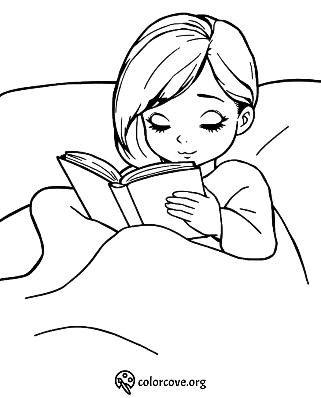 Child reading a book in bed coloring page, perfect for a relaxing bedtime activity for kids.