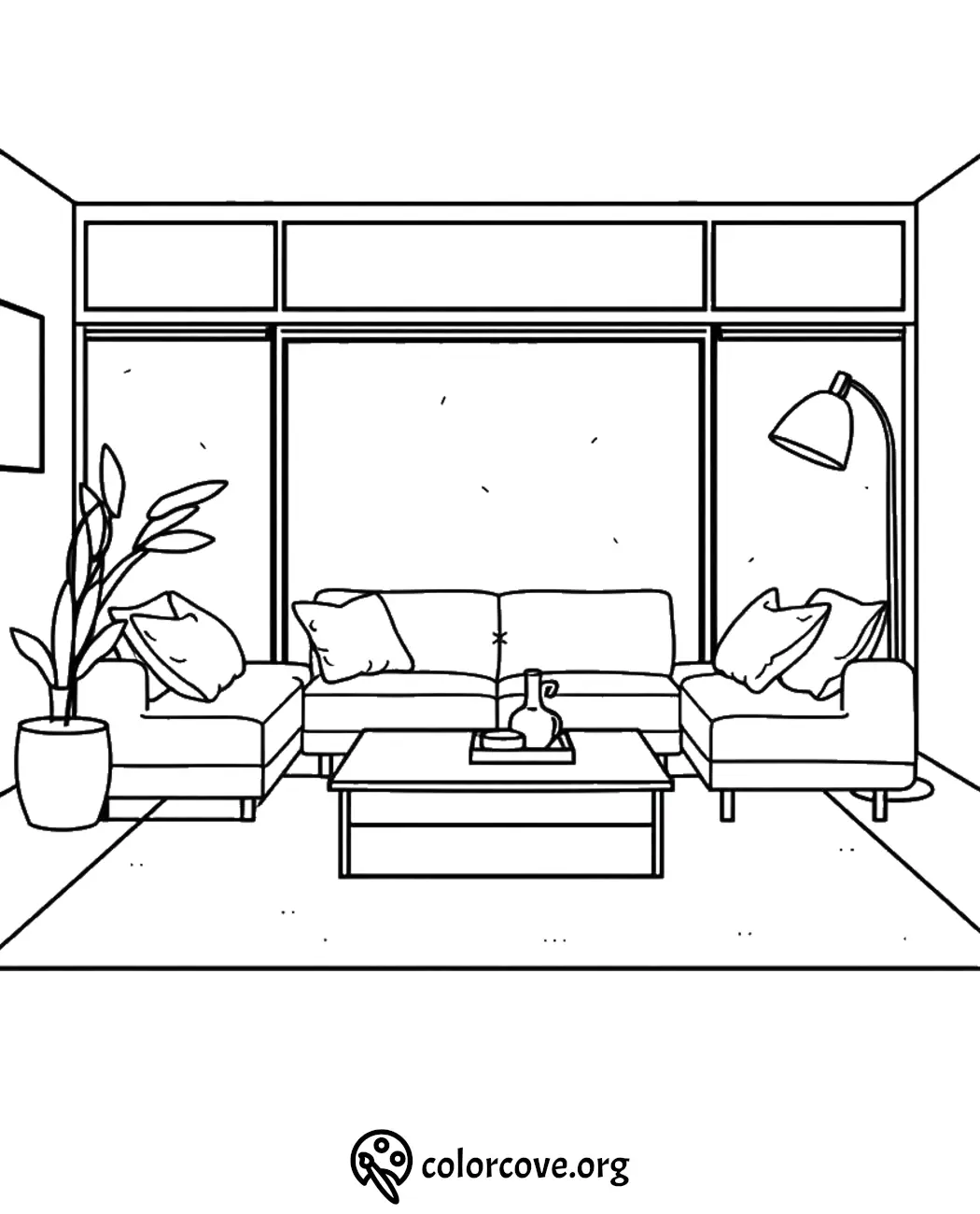 Cozy living room coloring page with sofa, coffee table, and plant. Perfect for a relaxing artistic activity.