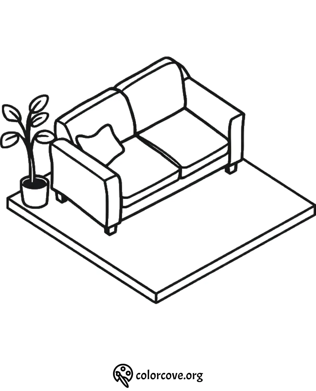 Isometric living room coloring page with couch and potted plant on a platform. Perfect for creative coloring fun.