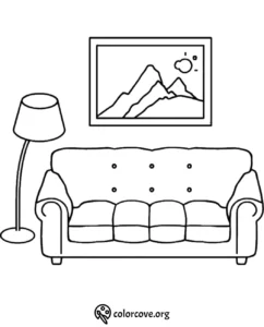 Coloring page with sofa, floor lamp, and mountain picture. Ideal for kids' creativity and home decor themes.