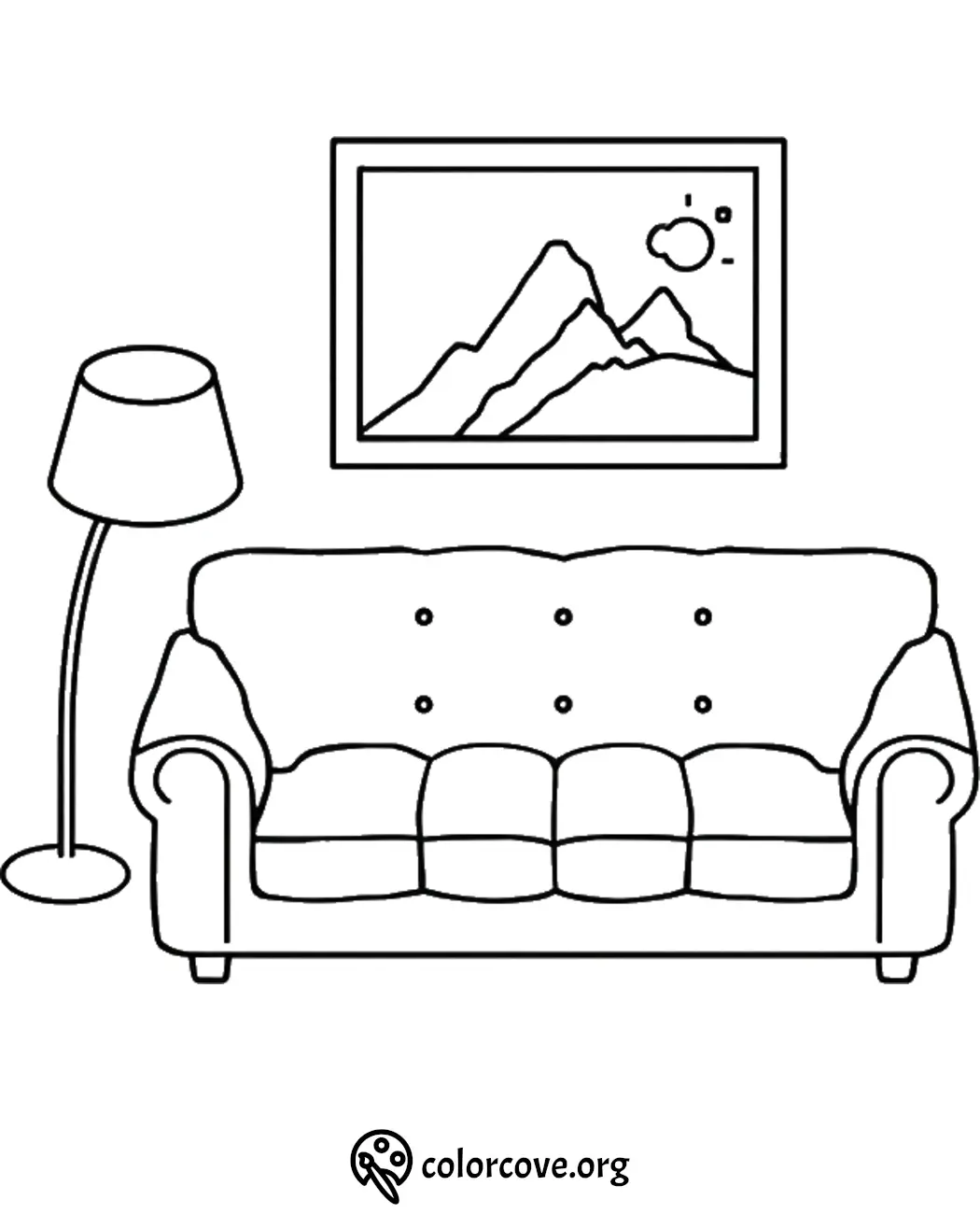 Coloring page with sofa, floor lamp, and mountain picture. Ideal for kids' creativity and home decor themes.