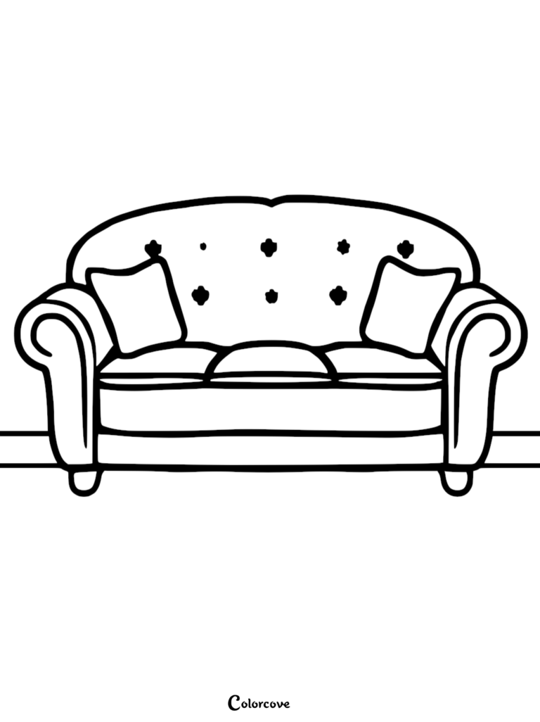 A simple line art coloring page of a tufted sofa with two throw pillows and rolled armrests.
