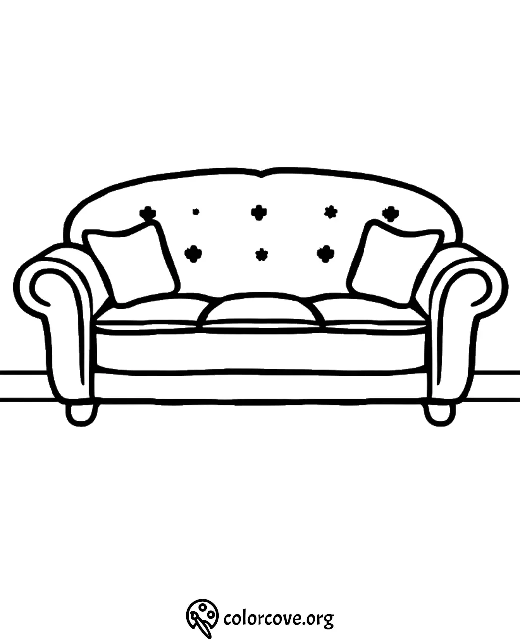 Sofa coloring page featuring a cozy couch with pillows, perfect for kids and adults to color and enjoy.