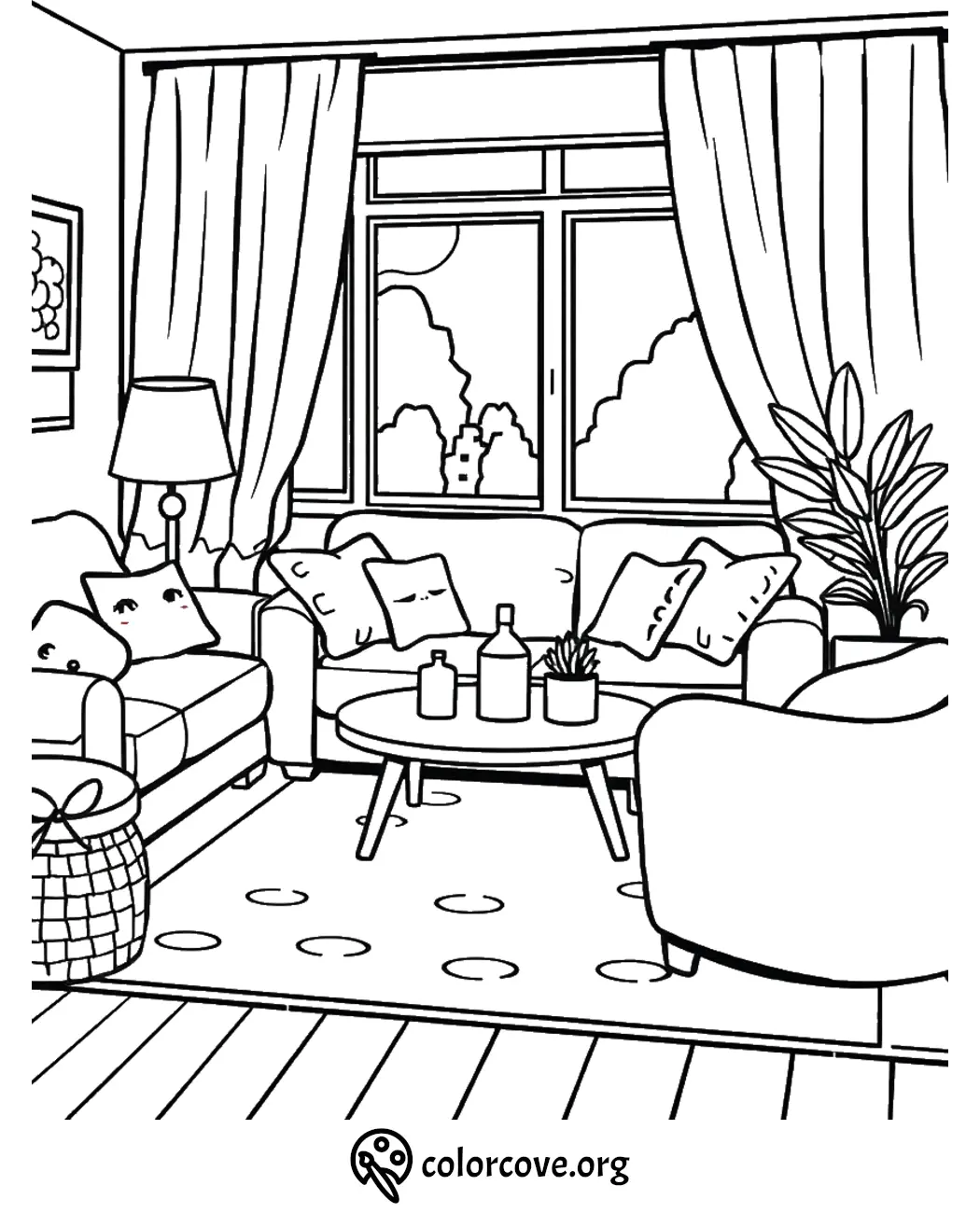 Cozy living room coloring page with couches, pillows, a coffee table, and a window view for relaxing coloring fun.