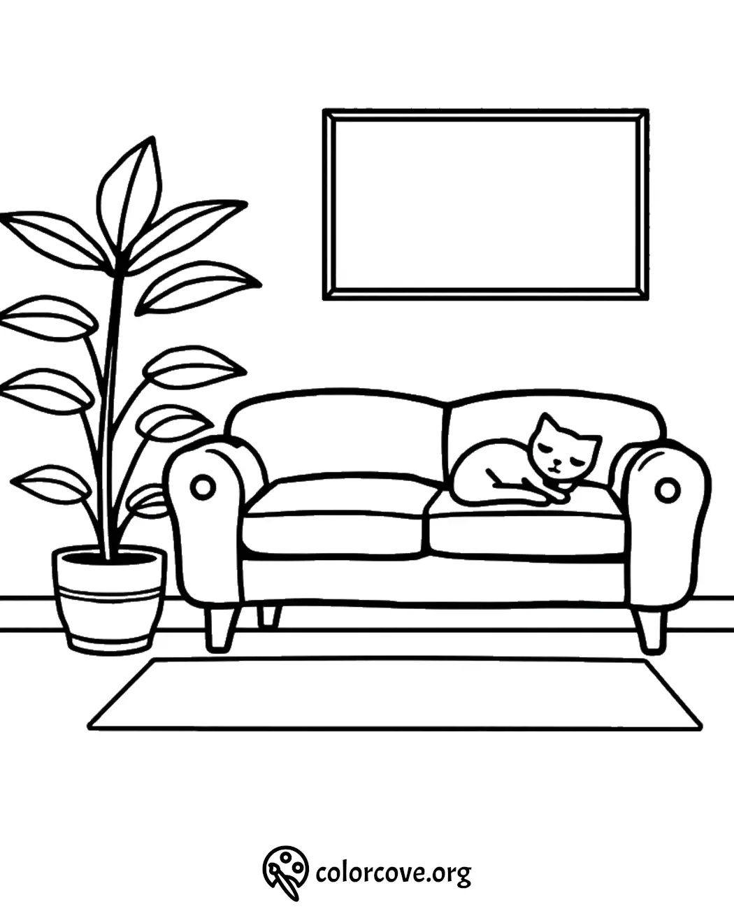 Coloring page of a cozy living room with a cat on a sofa, potted plant, and picture frame on the wall.