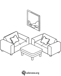 Coloring page featuring a cozy living room with two armchairs, a coffee table, and a wall picture.