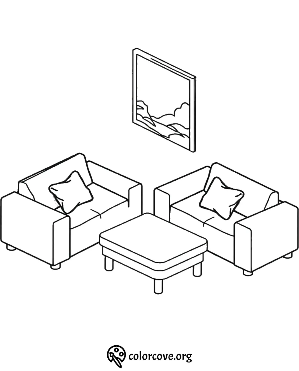 Coloring page featuring a cozy living room with two armchairs, a coffee table, and a wall picture.