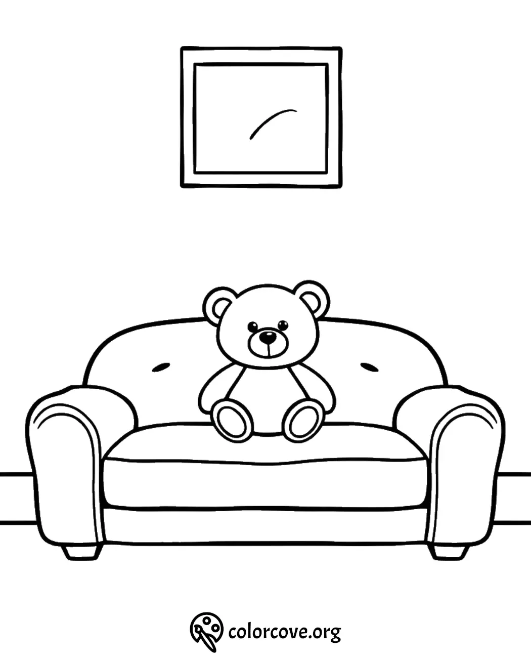 Teddy bear on sofa coloring page with a simple background for kids. Cozy and cute illustration to color at home.