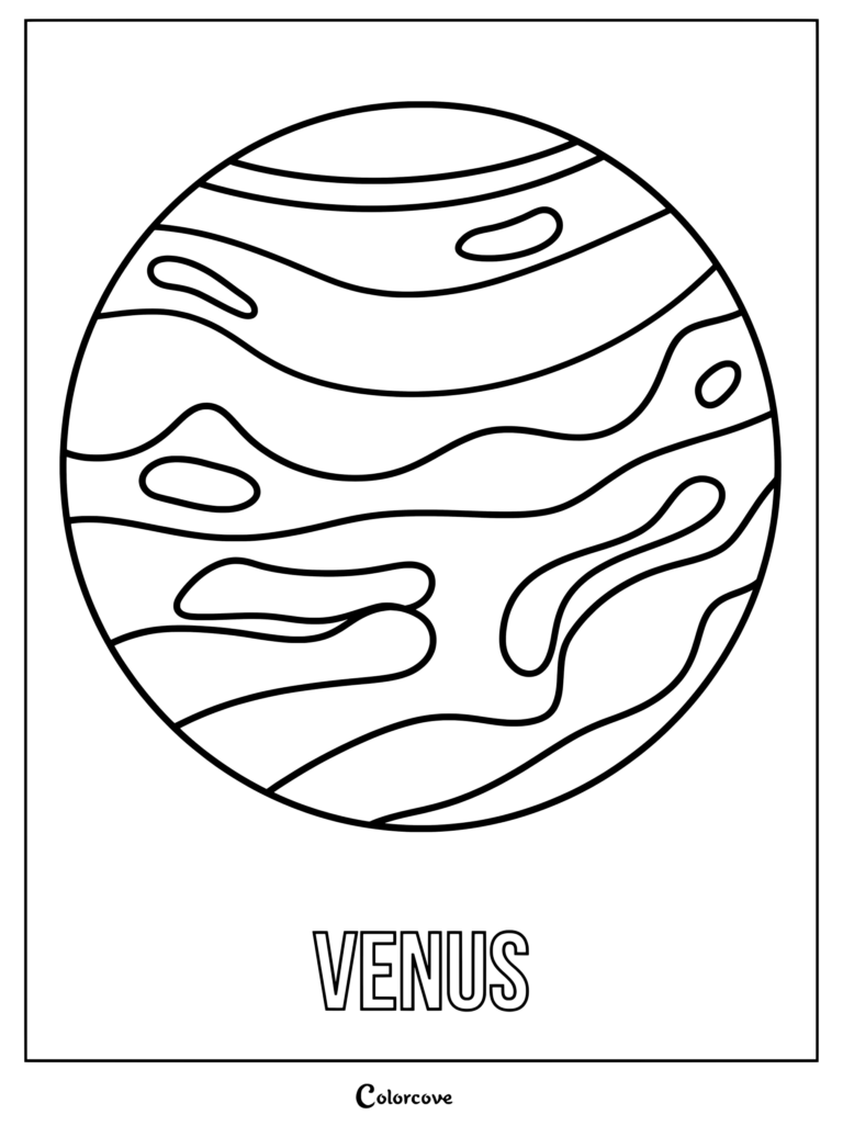 Página para colorear de Venus de la serie del Sistema Solar, con patrones de nubes onduladas y bandas atmosféricas.