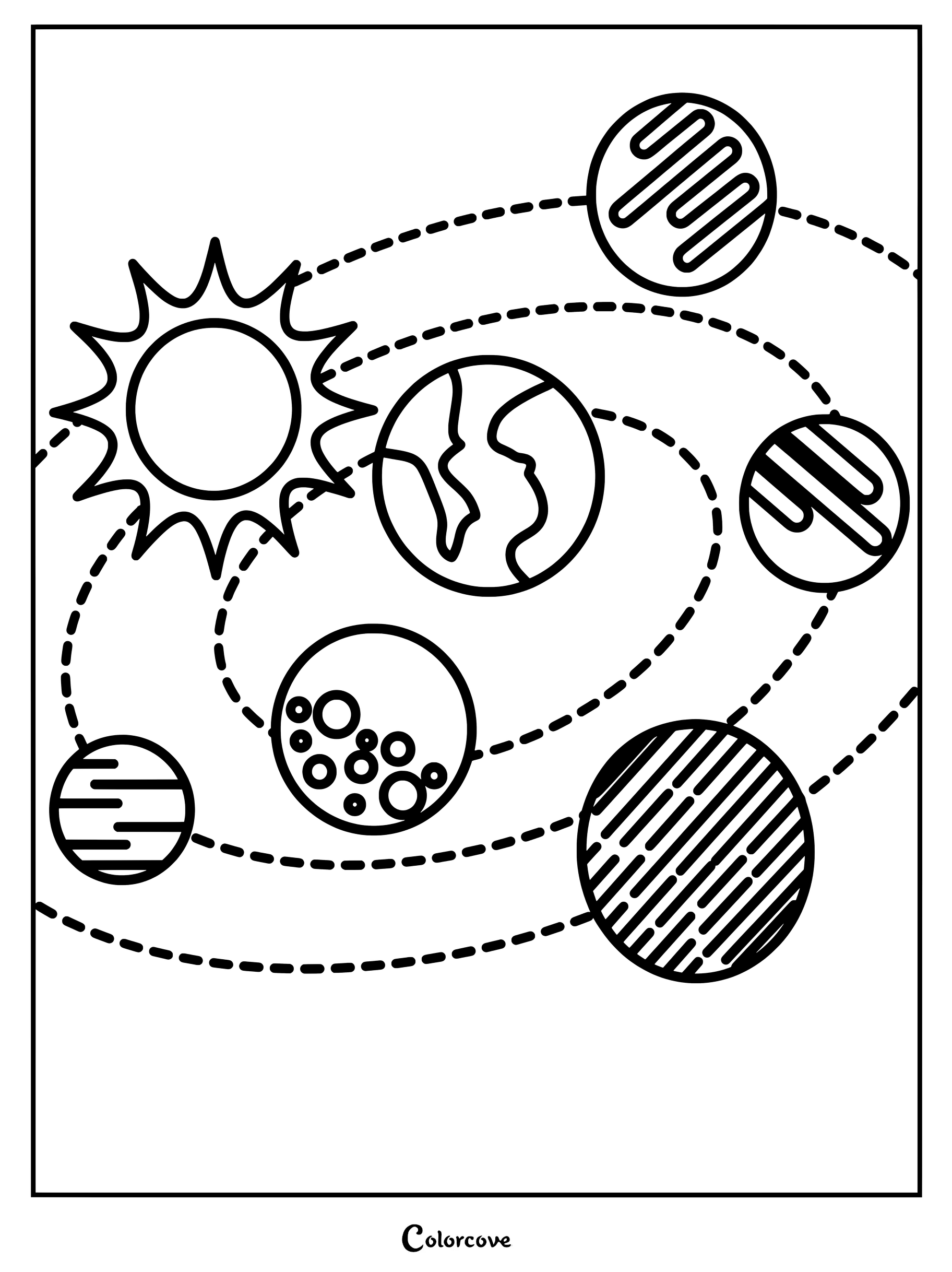Coloriage du Systeme Solaire avec des planetes orbitant autour du Soleil