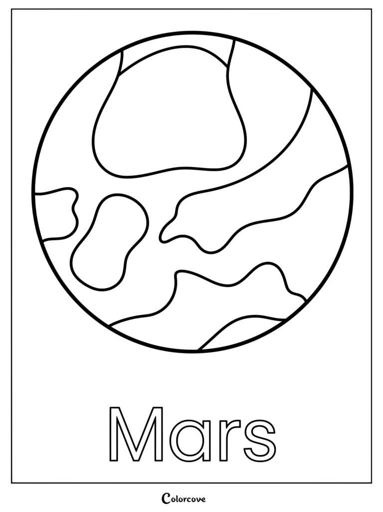Pagina para colorear de Marte con detalles del planeta para que los niños los coloreen como parte de una coleccion del Sistema Solar.