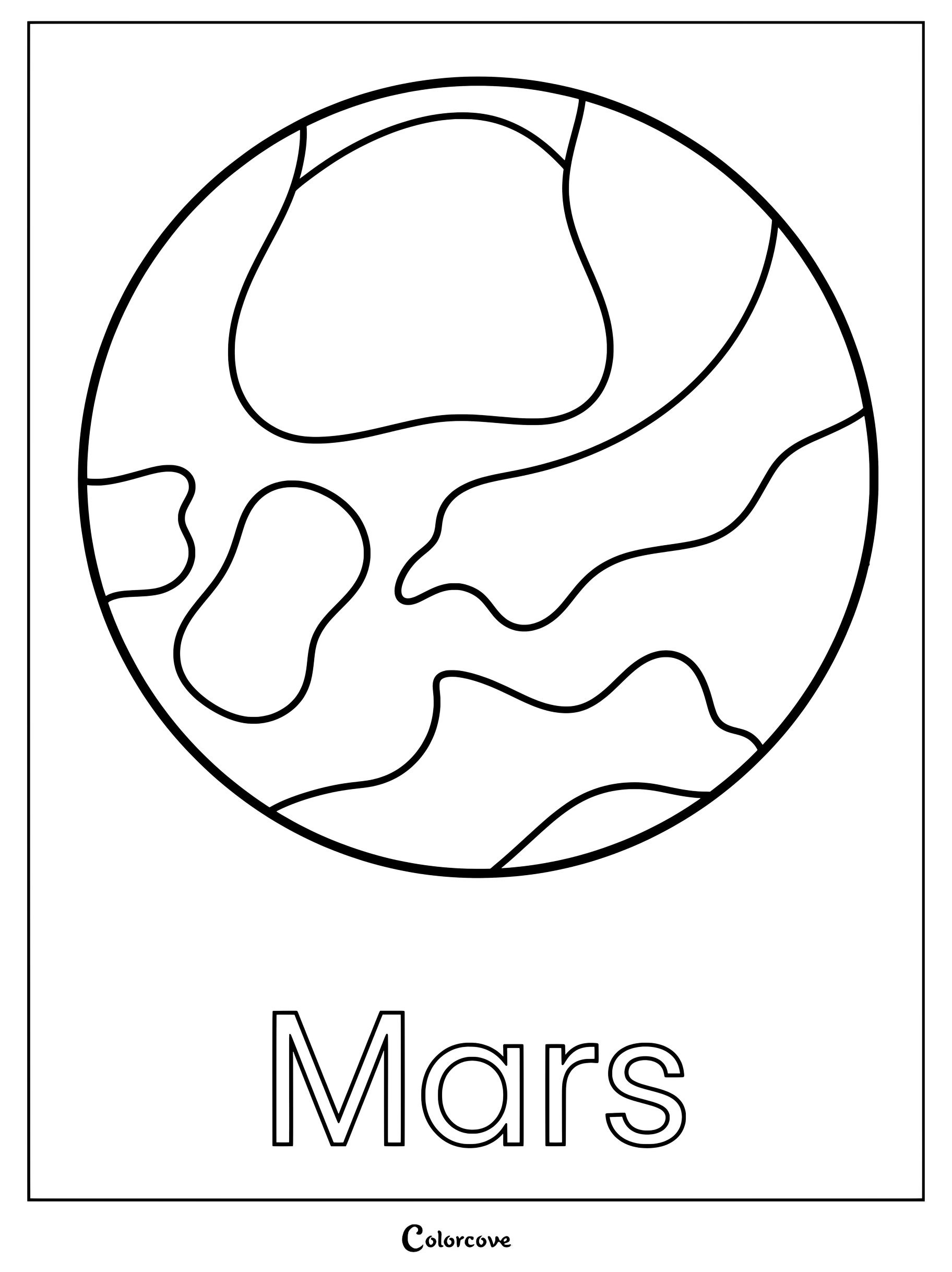 Coloriage de Mars presentant des details de la planete pour que les enfants puissent colorier dans le cadre d'une collection sur le Systeme Solaire.