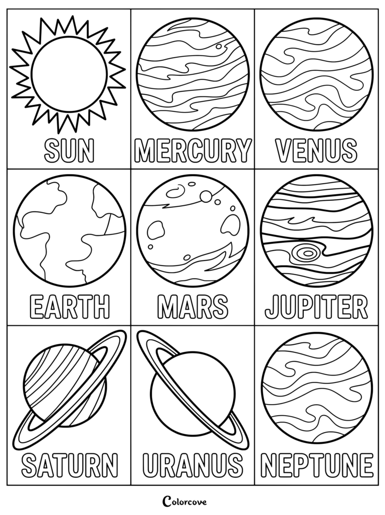 Una pagina para colorear del Sistema Solar imprimible que presenta el Sol, Mercurio, Venus, Tierra, Marte, Jupiter, Saturno, Urano y Neptuno con etiquetas.