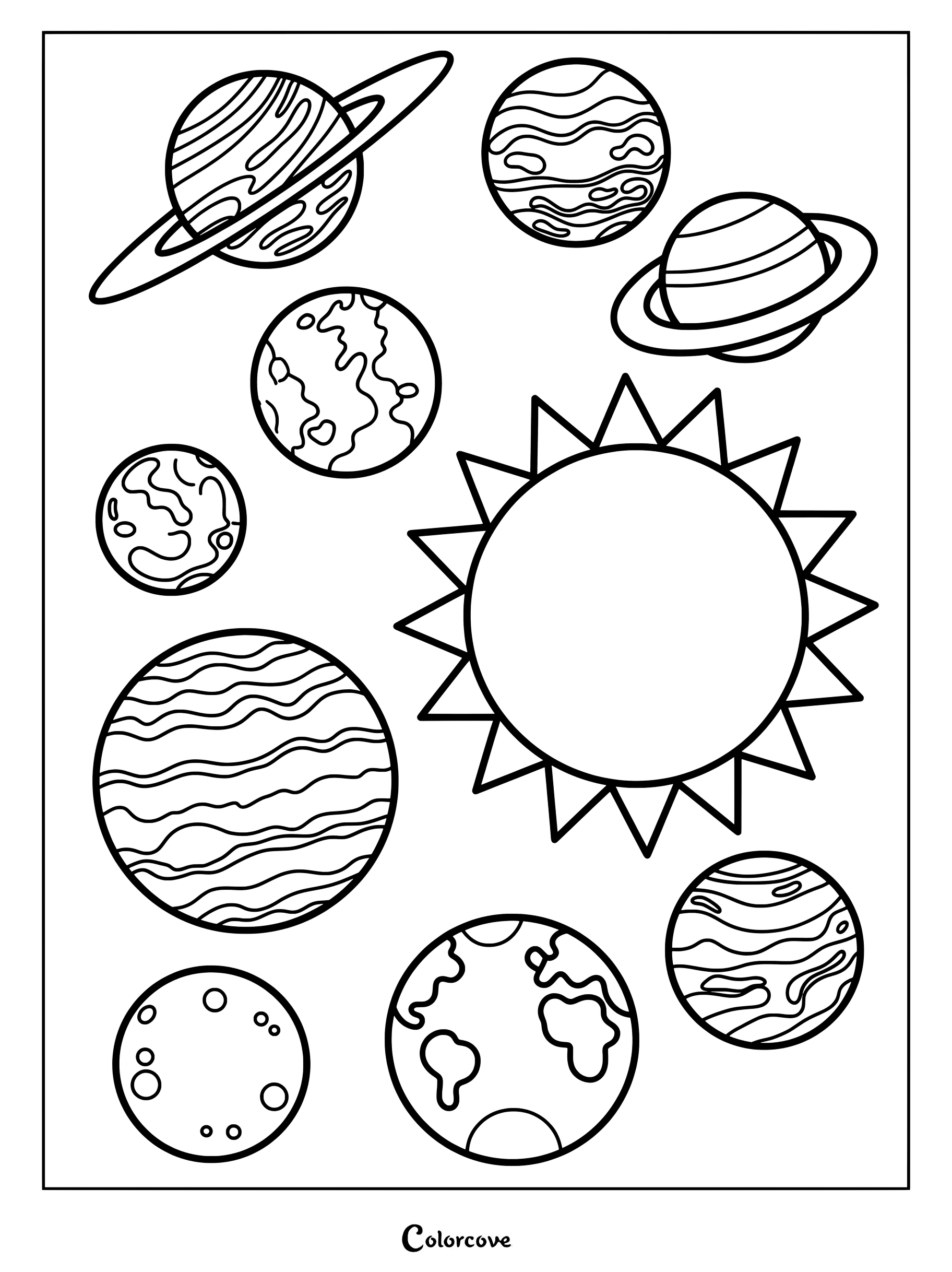 Coloriage du Systeme Solaire presentant diverses planetes et un soleil lumineux avec des rayons triangulaires