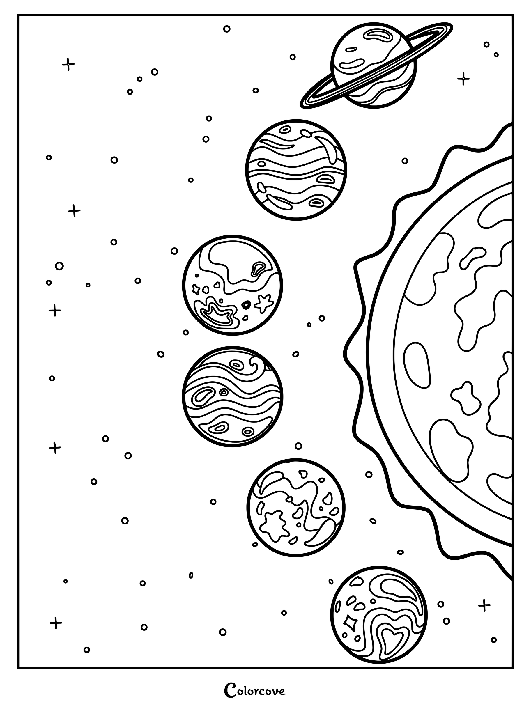 Coloriage du Systeme Solaire montrant le soleil et les planetes alignes dans l'espace avec des etoiles.