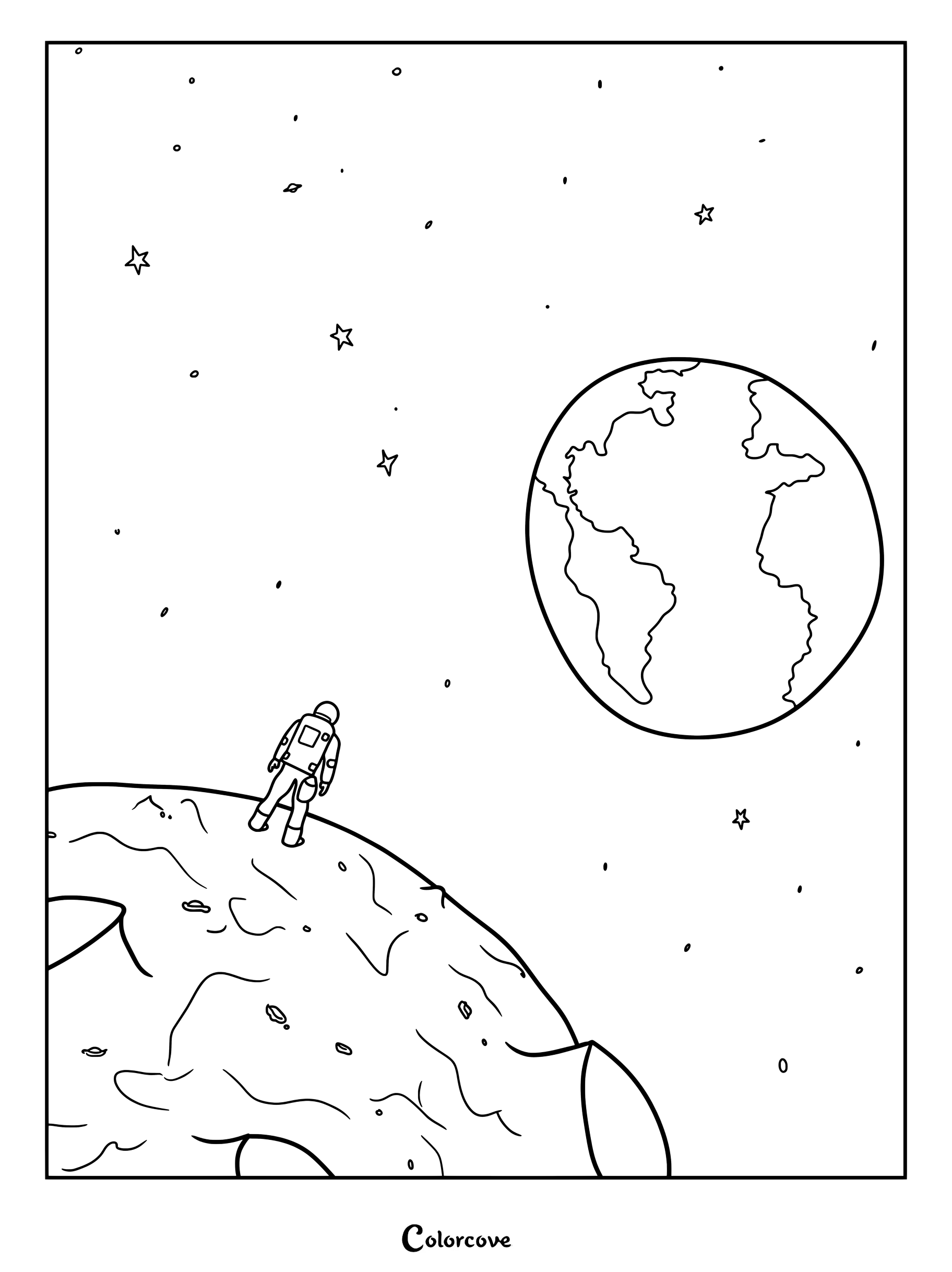 Un astronome debout sur la Lune regardant la Terre dans ce coloriage du Systeme Solaire.