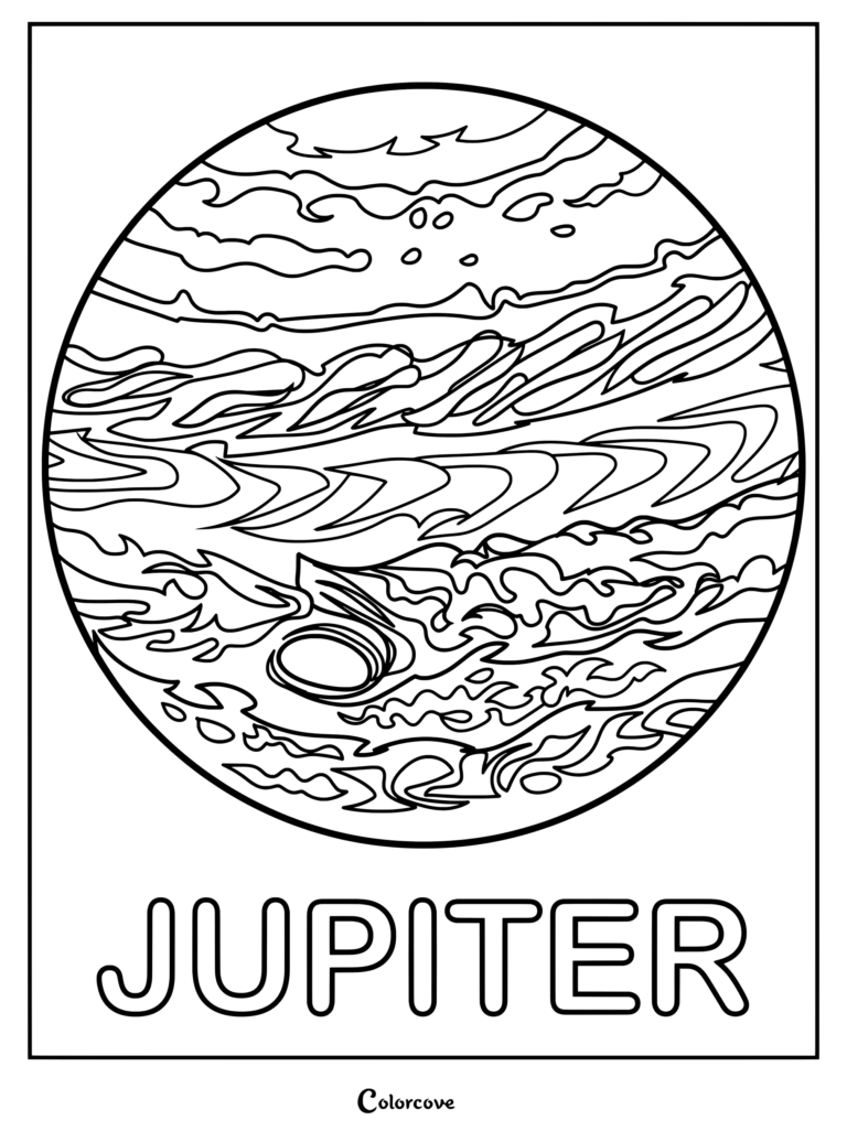 Pagina detallada para colorear del Sistema Solar del planeta Jupiter con remolinos y la Gran Mancha Roja.
