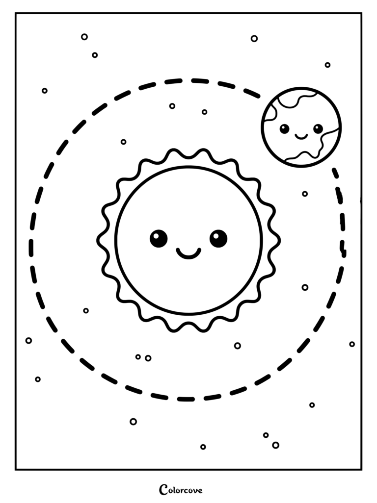 Pagina para colorear del Sistema Solar que presenta un sol feliz en el centro con una Tierra sonriente orbitando en una linea discontinua rodeada de estrellas.