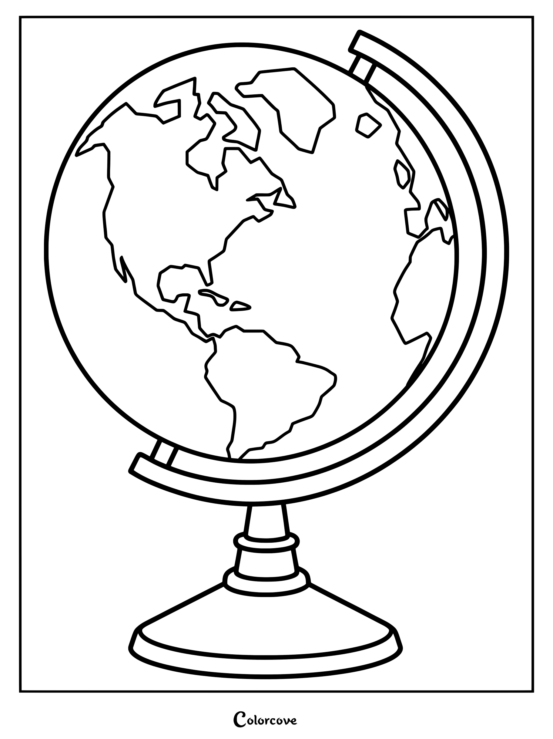 Coloriage d'un globe sur socle representant le Systeme Solaire avec des continents outlines.