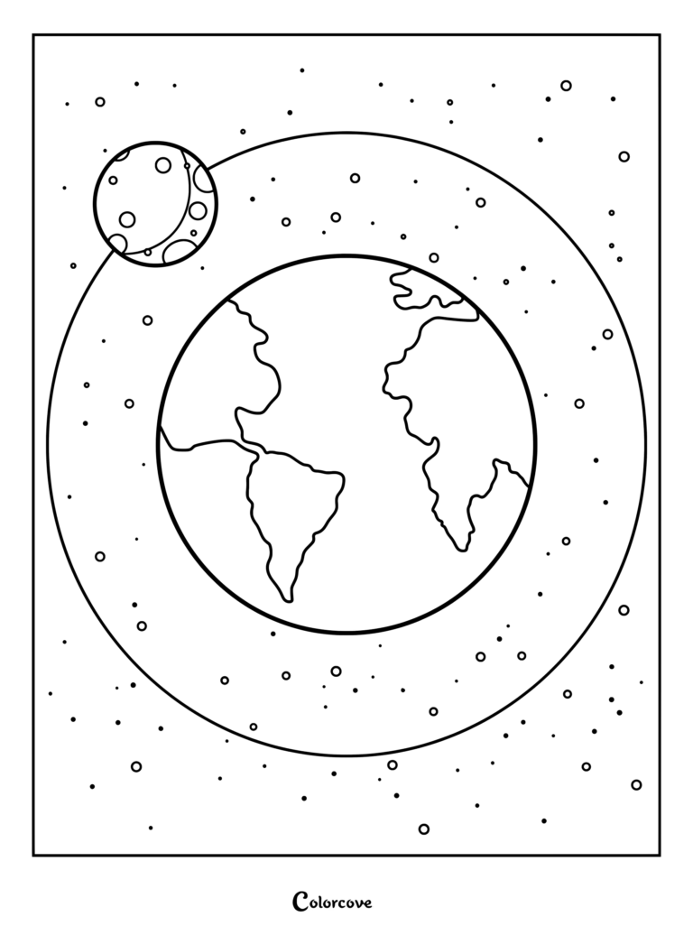 Página para colorear del Sistema Solar con la Tierra, la Luna y estrellas alrededor.
