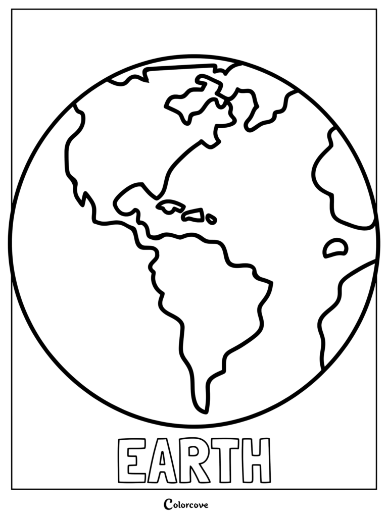 Página para colorear del Sistema Solar con la Tierra mostrando Norte y Sur America.