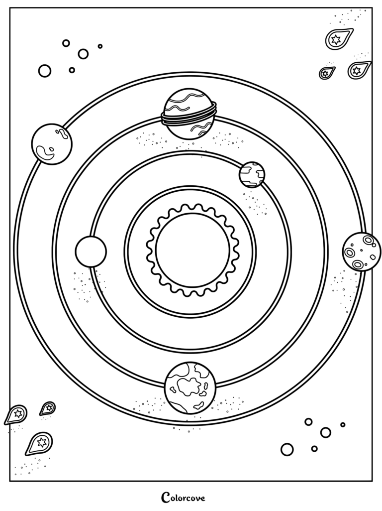Pagina para colorear del Sistema Solar que presenta un sol central, planetas en orbita y estrellas fugaces.