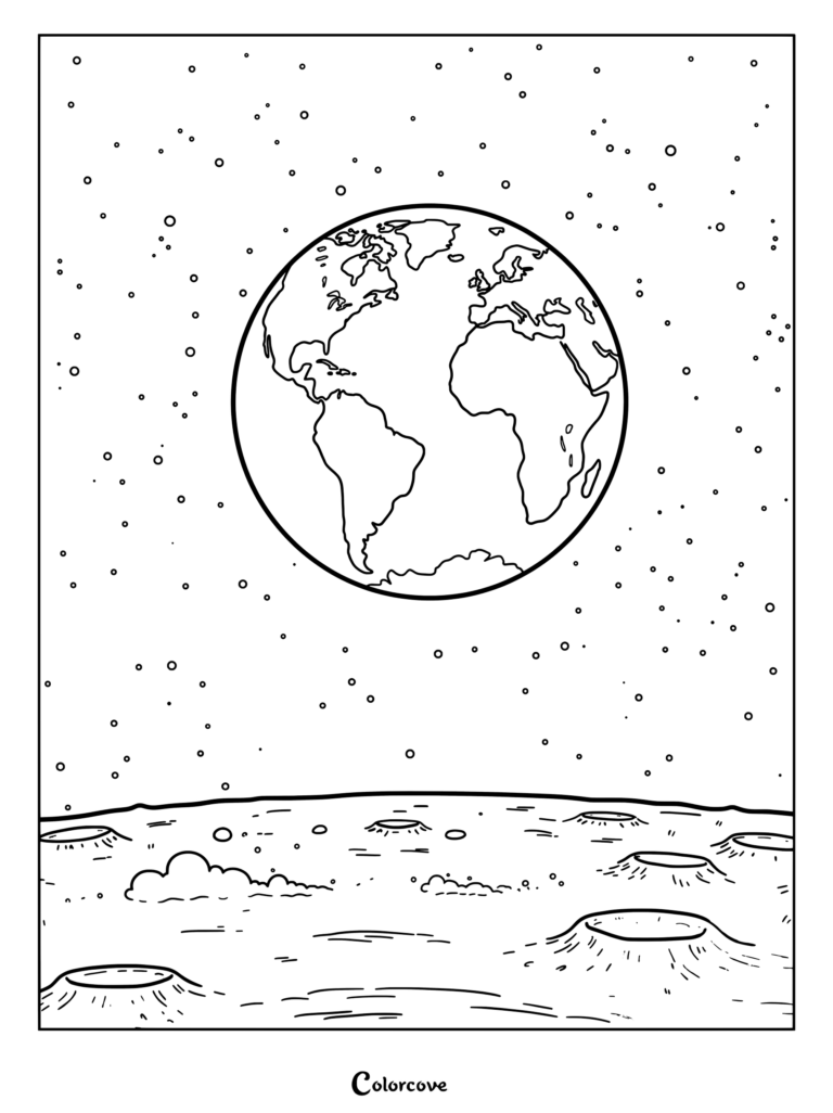 Página para colorear de la Tierra Vista desde la Luna para fanáticos del Sistema Solar que muestra cráteres y estrellas.