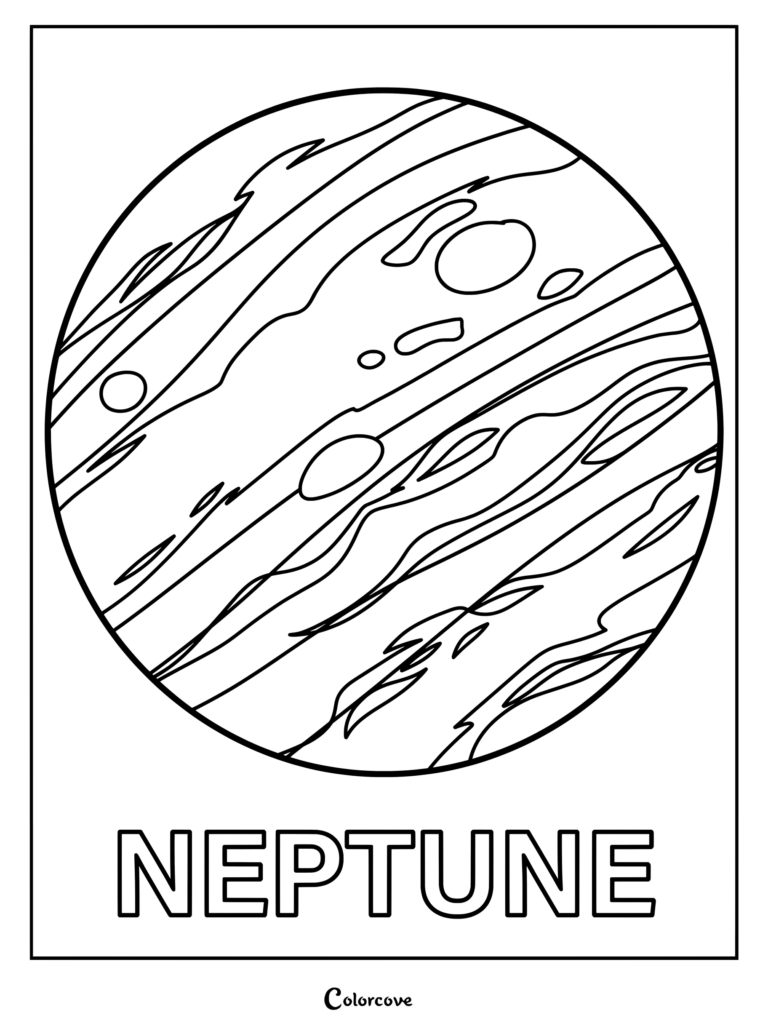 Página para colorear de Neptuno de la serie del Sistema Solar con contornos de bandas de nubes planetarias y tormentas.