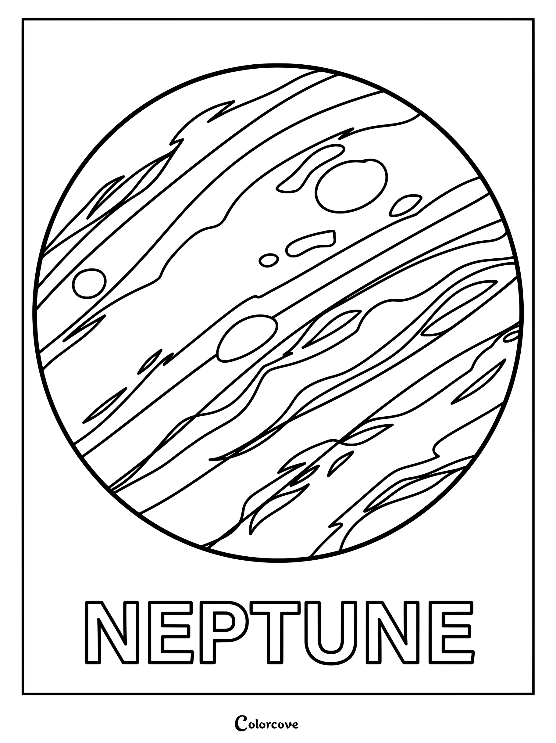Coloriage de Neptune de la serie Systeme Solaire presentant les contours de bandes nuageuses planetaires et de tempetes.