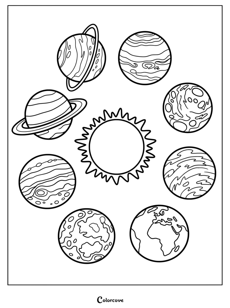 Una pagina para colorear del Sistema Solar que muestra un sol central rodeado por siete planetas diferentes.