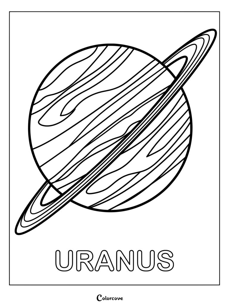Página para colorear de Urano del Sistema Solar con el planeta con anillos y letras mayúsculas marcadas