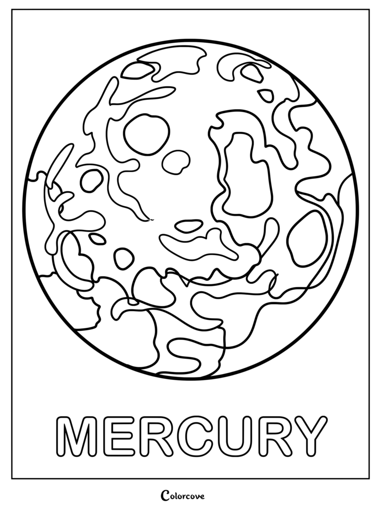 Página para colorear de Mercurio con un contorno detallado del planeta para aprender sobre el Sistema Solar.